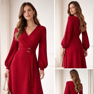 Red Wrap Tie Front Gown with Bishop Sleeves